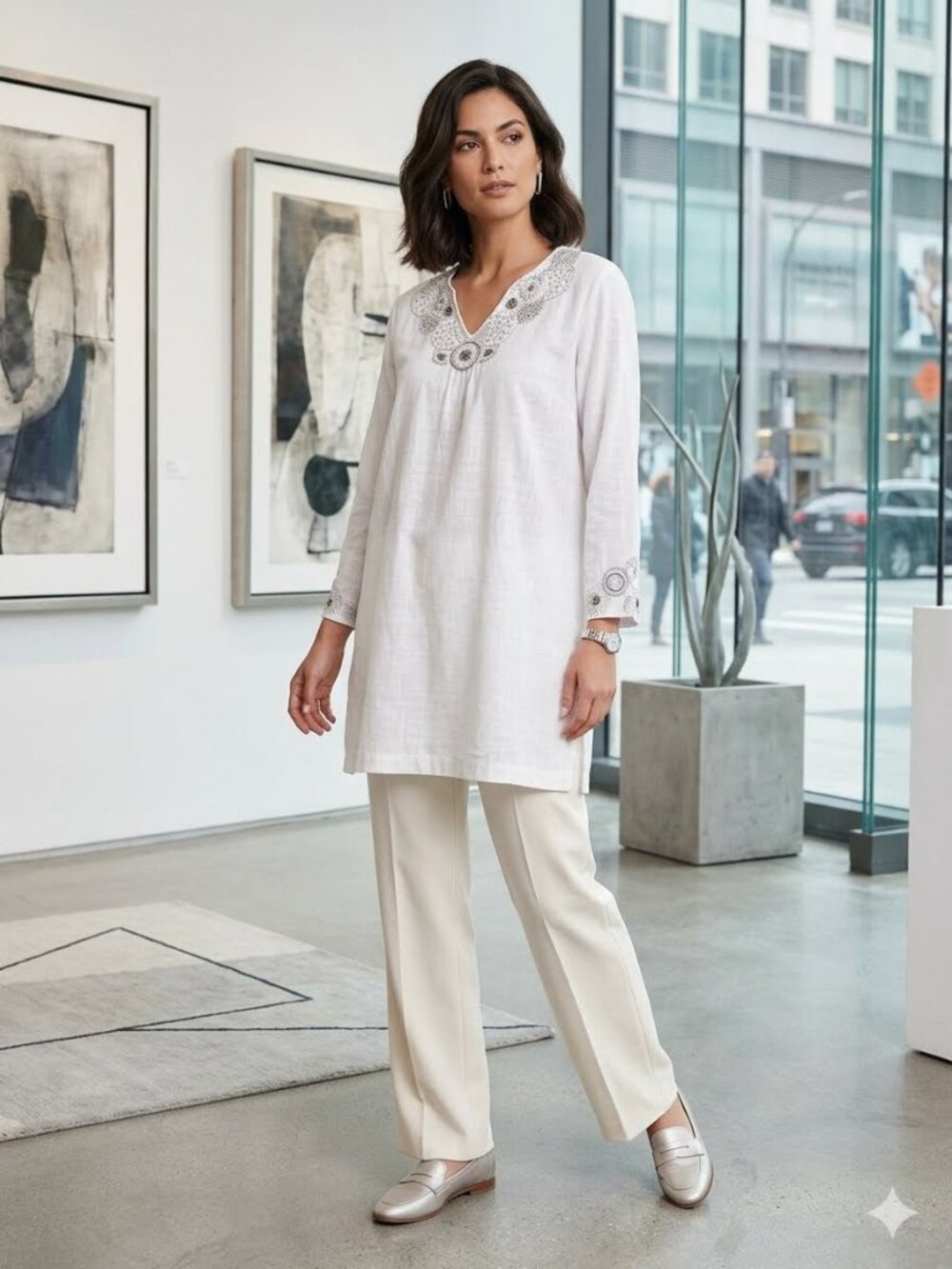 Chico’s Women's Size 3/XL White Beaded Sequin 3/4 Sleeve V-Neck Tunic Cover-Up